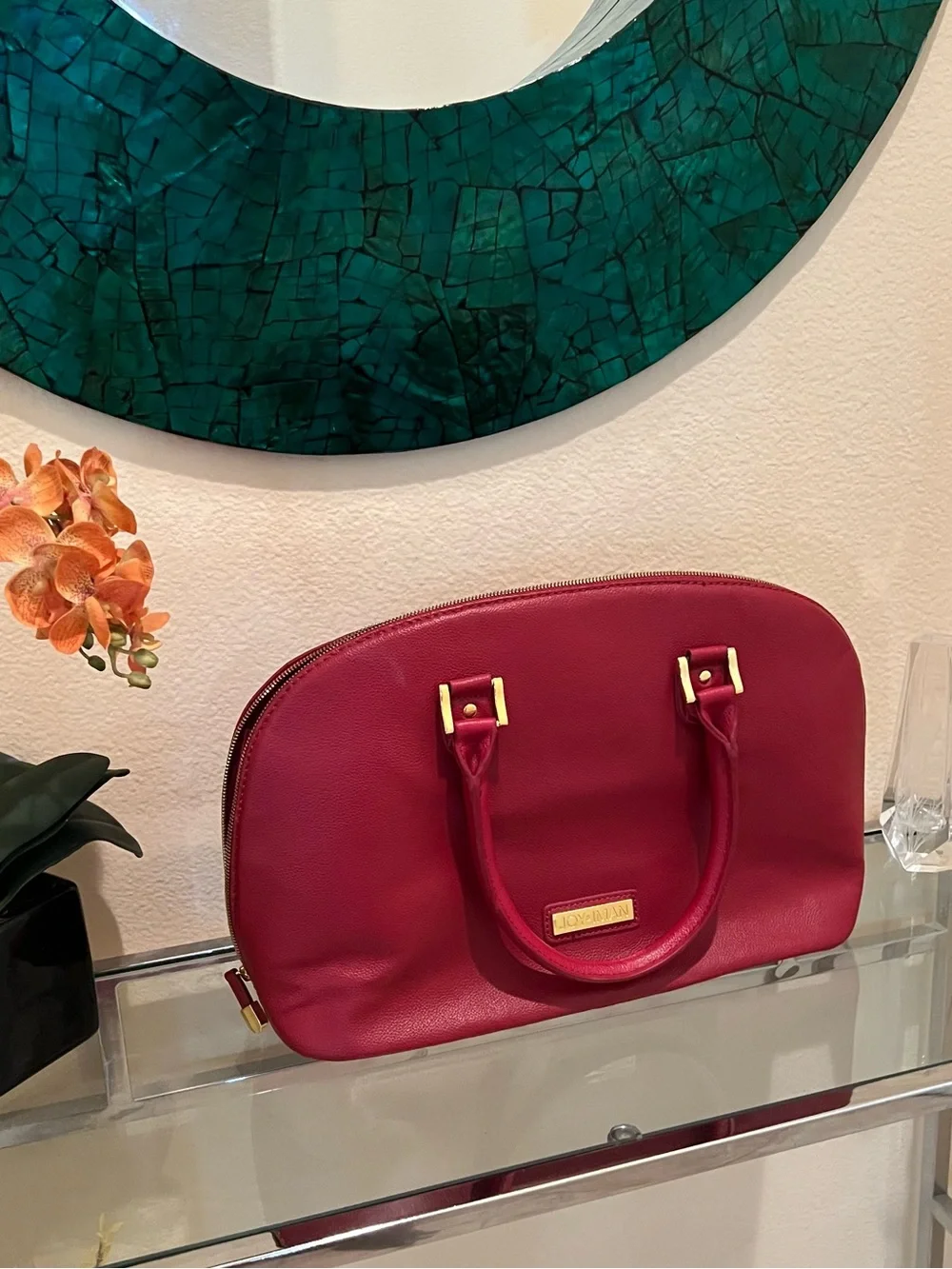 Joy & Iman Red Genuine Pebble Leather Dome Satchel - Elegant Women’s Handbag